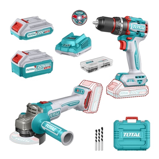 [21006] COMBO INALAMBRICO  TALADRO 1/2" 20V 66NM + PULIDORA 4 1/2" INCLUYE 1 BATERIA 20V(4.0AH), 1 BATERIA 20V(2.0AH) CARGADOR 20V, 10 DISCOS DE CORTE Y ACCESORIOS TOTAL (UTCKLI20273)