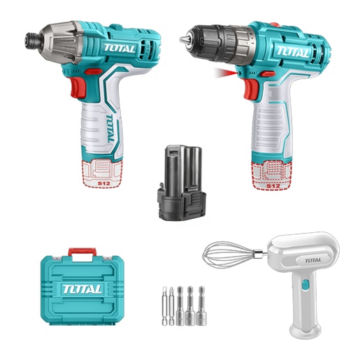 [20756] COMBO INALAMBRICO 12V ATORNILLADOR DE IMPACTO  + TALADRO 3/8"  INCLUYE 6 ACCESORIOS  + DOS BATERIAS 1.5AH + BATIDORA CARGADOR SE VENDE POR SEPARADO TOTAL (TOSLI240205)