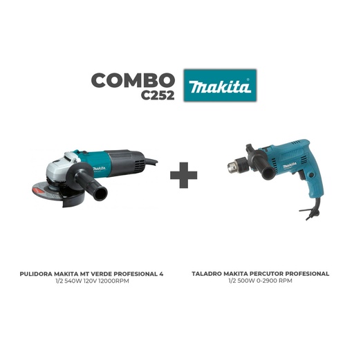 [C252] COMBO MAKITA (1819) PULIDORA MT VERDE 4 1/2" 540W 120V 12000RPM PROFE (M0901B) + TALADRO PERCUTOR 1/2" 500W 0-2900 RPM MT PROFE (M0801B)