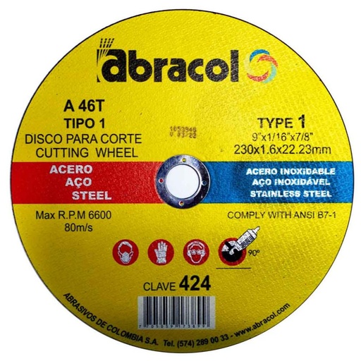 [12549] DISCO ABRACOL AMARILLO CORTE METAL 9 (DT1 230X1,6X22,23MM) (CLAVE 424 6094) (ABD2A0046094)