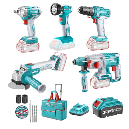 [20297] COMBO INALAMBRICO 20V X 5 PCS ROTOMARTILLO + PULIDORA + PISTOLA DE IMPACTO + TALADRO TOTAL (UTCKLI2019)