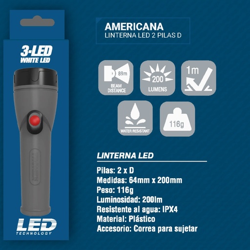 [12307] LINTERNA TRONEX AMERICANA 3 LED 200 LUMENES  PLASTICA GRIS (PILA D) (TRL65LR20PLGR