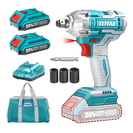 [16769] PISTOLA IMPACTO 20V INCLUYE 2 BATERIAS 1 CARGADOR COPAS DE 171921 Y PUNTA DESTORNILLADOR TOTAL(UTIWLI20208)