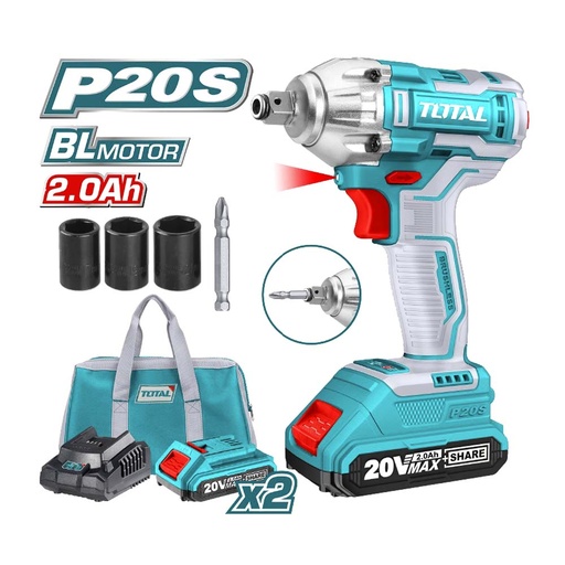 [16769] PISTOLA IMPACTO 20V INCLUYE 2 BATERIAS 1 CARGADOR COPAS DE 171921 Y PUNTA DESTORNILLADOR TOTAL(UTIWLI20208)