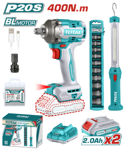 [20954] PISTOLA IMPACTO INALAMBRICA 1/2 20V 400 NM INCLUYE 2 BATERIAS 1 CARGADOR 1 LAMPARA DE TRABAJO 1 ADAPTADOR , COPAS Y 10 PUNTAS TALADRO SUPER TOTAL (UTOSLI23048)