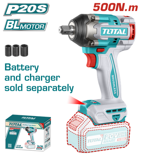 [20761] PISTOLA IMPACTO INALAMBRICO 1/2 20V 500 N.M   BATERIA Y CARGADOR SE VENDEN POR SEPARADO  SUPER TOTAL (TIWLI20501)