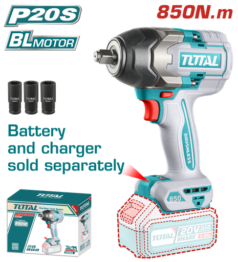 [20955] PISTOLA IMPACTO INALAMBRICA 1/2 20V 850NM BATERIA Y CARGADOR SE VENDEN POR SEPARADO SUPER TOTAL (TIWLI20851)