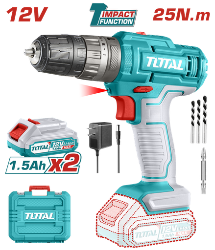 [20850] TALADRO DE IMPACTO INALAMBRICO 3/8" 12V INCLUYE 2 BATERIAS, 1 CARGADOR, 3 BROCAS Y  1 PUNTA TALADRO (+)(-) SUPER TOTAL (UTIDLI1228)