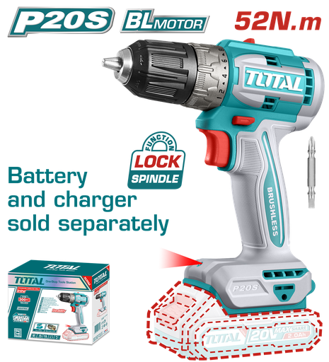 [20934] TALADRO INALAMBRICO 3/8" 20V 52 N.M CARGADOR Y BATERIA NO INCLUIDO SUPER TOTAL (TDLI204531)