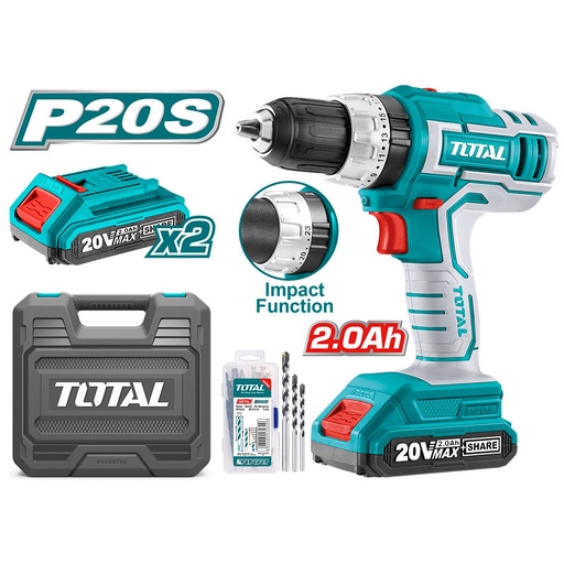 [14835] TALADRO INALAMBRICO PERCUTOR 1/2 INDUSTRIAL CAJA PLASTICA INCLUYE 2 BATERIAS 20V Y BROCAS TOTAL (UTIDLI20031)