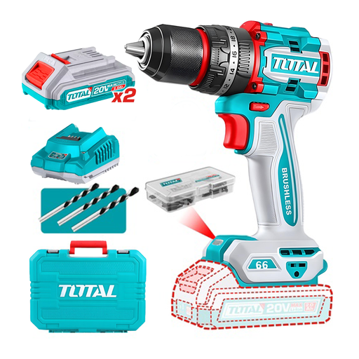 [21029] TALADRO INALAMBRICO PERCUTOR 1/2" 66N.M 20V CAJA PLASTICA INCLUYE 2 BATERIAS 20V, 1 CARGADOR Y ACCESORIOS INDUSTRIAL SUPER TOTAL (UTIDLI20668)