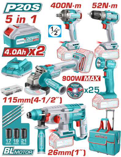 [21246] COMBO INALAMBRICO 20V TALADRO 3/8"  52NM + PISTOLA  IMPACTO 1/2" 400NM + TALADRO ROTOMARTILLO 2.5 JULES +  PULIDORA 4 1/2" + LINTERNA  INCLUYE 2 BATERIA 20V(4.0AH) INCLUYE 25 DISCOS DE CORTE Y ACCESORIOS INDUSTRIAL SUPER TOTAL (UTCKLI2058)
