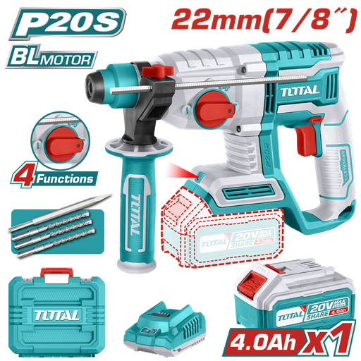 [21247] TALADRO ROTOMARTILLO 7/8"  20V SDS PLUS 2,0 JULES INCLUYE 1 BATERIA,1 CARGADOR Y 4 ACCESORIOS INDUSTRIAL  SUPER TOTAL (UTRHLI202081)