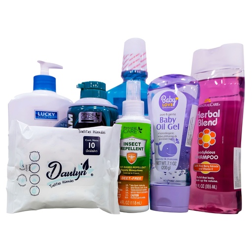 [KIT21736] KIT DELTA BRANDS CUIDADO PERSONAL (CREMA HIDRATANTE,ENJUAGE BOCAL,ESPUMA DE AFEITAR,GEL PARA BEBE,SHAMPOO,REPELENTE Y PAÑITOS HUMEDOS)