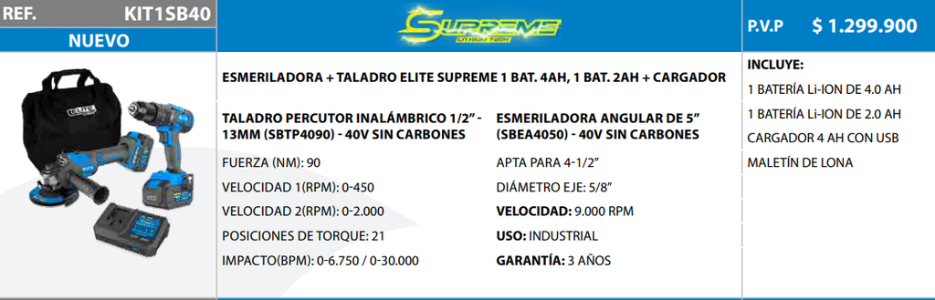 COMBO ELITE PULIDORA INALAMBRICA 4 1/2” - 5” + TALADRO PERCUTOR INALAMBRICO SIN ESCOBILLAS DE 1/2” INCLUYE 1 BATERIAS 2.0 AH - 40V + 1 BATERIA 4.0 AH - 40V + 1 CARGADOR 