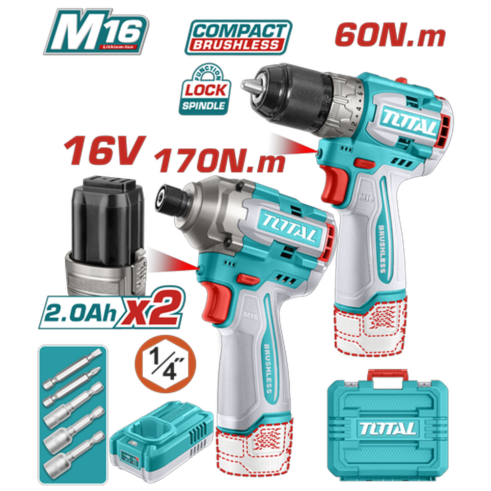 COMBO INALAMBRICO  16V TALADRO 1/2" 60NM + ATORNILLADOR DE IMPACTO 170NM INCLUYE 2 BATERIAS, 1 CARGADOR  COPA TORNILLO INDUSTRIAL SUPER TOTAL (UTOSLI240968)