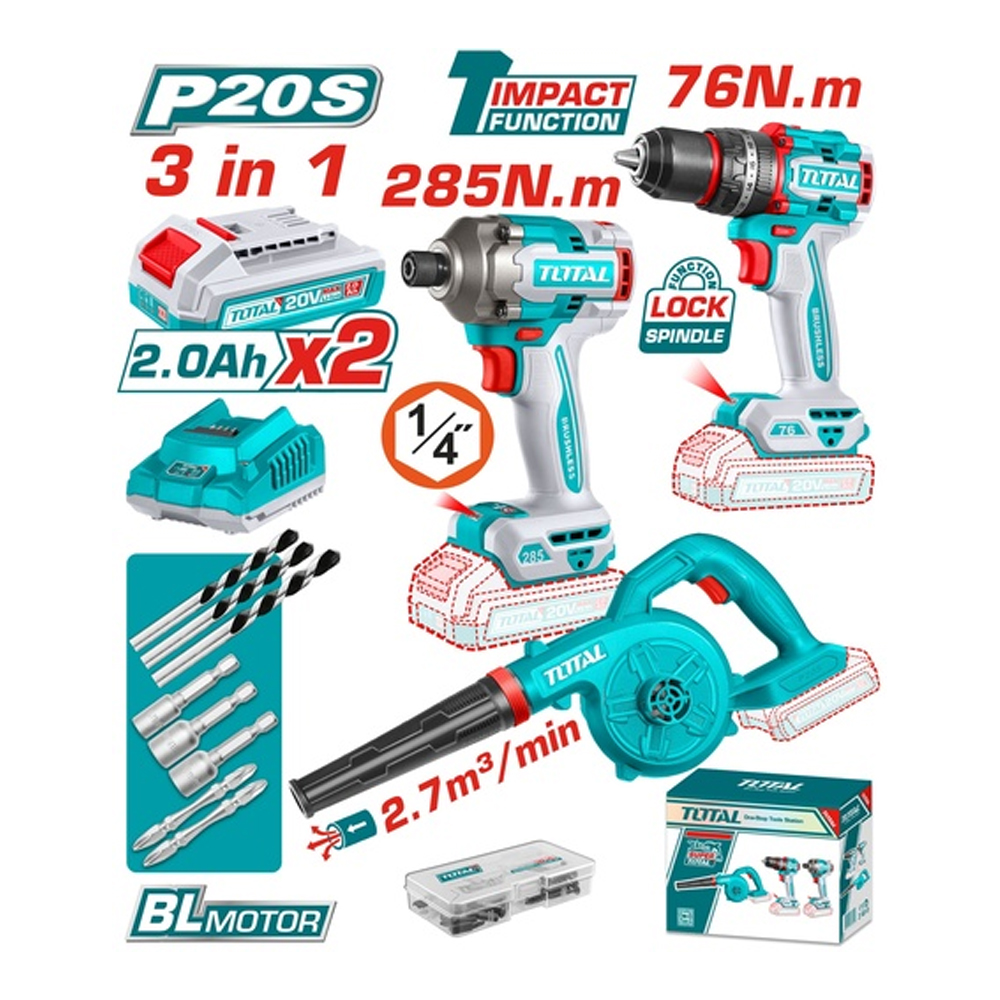 COMBO INALAMBRICO  20 V ATORNILLADOR IMPACTO 1/4" 285NM + TALADRO PERCUTOR 1/2" 76NM + SOPLADORA INCLUYE 2 BATERIAS 2.0AH, CARGADOR Y ACCESORIOS INDUSTRIAL TOTAL (UTOSLI250182)