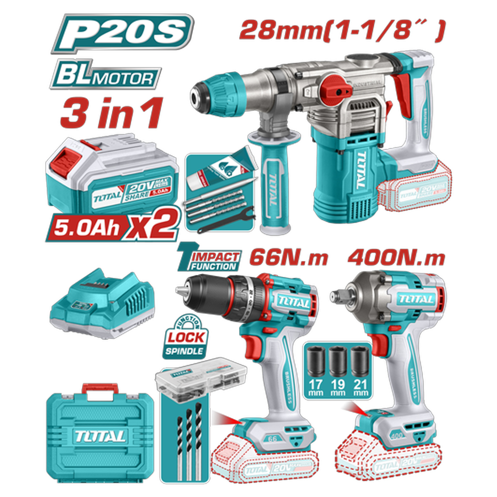COMBO INALAMBRICO  20V  TALADRO  ATORNILLADOR 1/2" 66 NM  + PISTOLA IMPACTO 1/2" 400 NM + TALADRO ROTOMARTILLO SDS PLUS  4.5 JULES  INCLUYE 2 BATERIA 5.0AH , 1 CARGADOR Y ACCESORIOS  INDUSTRIAL  SUPER TOTAL (UTCKLI20638)