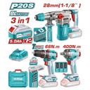 COMBO INALAMBRICO  20V  TALADRO  ATORNILLADOR 1/2" 66 NM  + PISTOLA IMPACTO 1/2" 400 NM + TALADRO ROTOMARTILLO SDS PLUS  4.5 JULES  INCLUYE 2 BATERIA 5.0AH , 1 CARGADOR Y ACCESORIOS  INDUSTRIAL  SUPER TOTAL (UTCKLI20638)