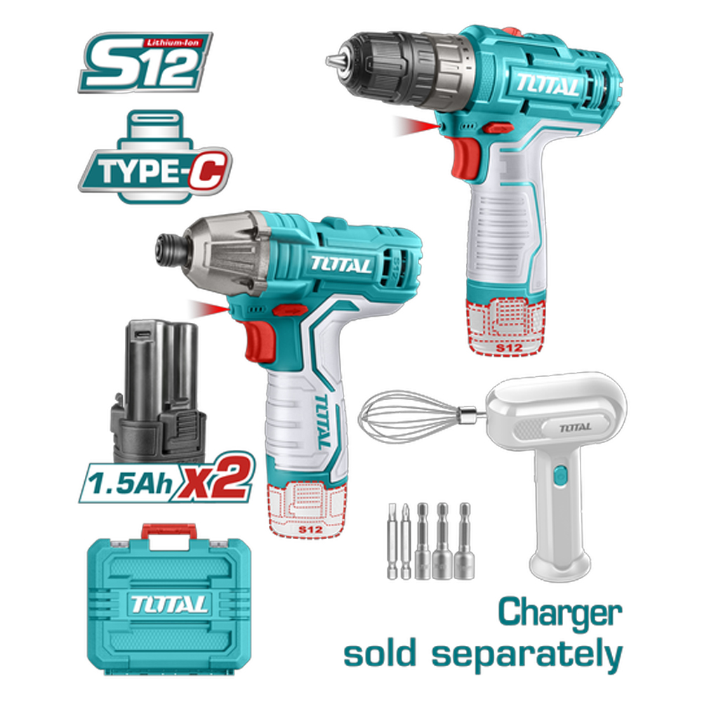 COMBO INALAMBRICO 12V ATORNILLADOR DE IMPACTO  + TALADRO 3/8"  INCLUYE 6 ACCESORIOS  + DOS BATERIAS 1.5AH + BATIDORA CARGADOR SE VENDE POR SEPARADO TOTAL (TOSLI240205)