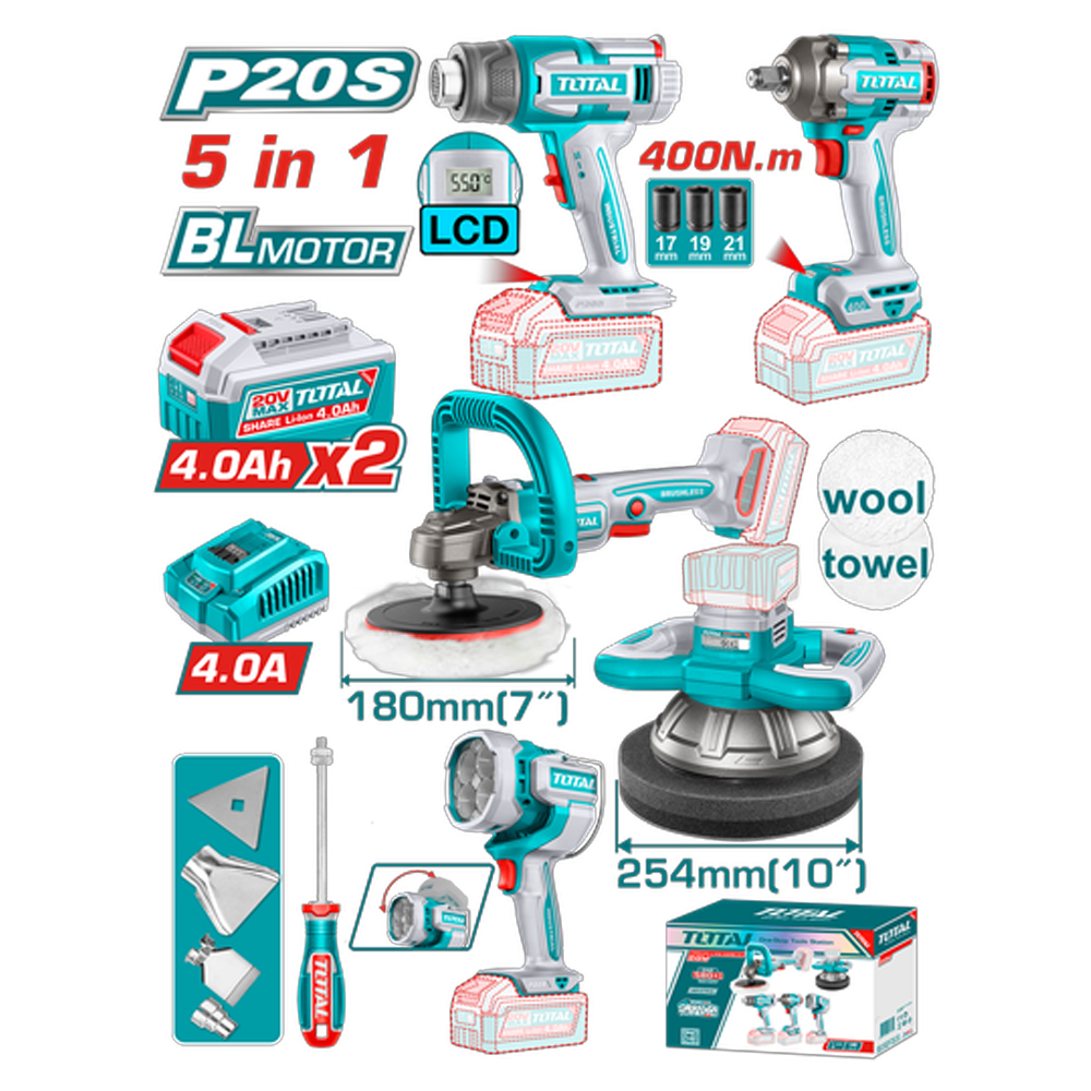COMBO INALAMBRICO 20V  POLICHADORA  ORBITAL 10"+ POLICHADORA 7" + PISTOLA IMPACTO 1/2" 400 NM  + LAMPARA DE TRABAJO LM2000 + PISTOLA CALOR CON TEMPERATURA AJUSTABLE PANTALLA LCD +  2 BATERIAS 4.0 AH + CARGADOR 20V Y ACCESORIOS INDUSTRIAL SUPER TOTAL (UTOSLI250592)