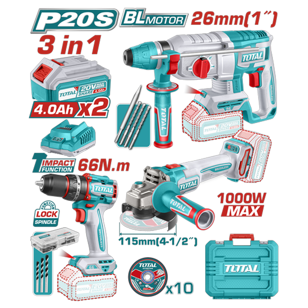 COMBO INALAMBRICO 20V  X 3 PZS TALADRO ATORNILLADOR INALAMBRICO PERCUTOR 1/2 66 NM +  PULIDORA INALAMBRICA 4 1/2 + TALADRO ROTOMARTILLO SDS PLUS  2.5 JULES  INLCUYE 2 BATERIAS 4.0AH , 1 CARGADOR , 10 DISCOS DE CORTE Y 47 ACCESORIOS INDUSTRIAL SUPER TOTAL (UTOSLI241198)