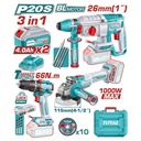 COMBO INALAMBRICO 20V  X 3 PZS TALADRO ATORNILLADOR INALAMBRICO PERCUTOR 1/2 66 NM +  PULIDORA INALAMBRICA 4 1/2 + TALADRO ROTOMARTILLO SDS PLUS  2.5 JULES  INLCUYE 2 BATERIAS 4.0AH , 1 CARGADOR , 10 DISCOS DE CORTE Y 47 ACCESORIOS INDUSTRIAL SUPER TOTAL (UTOSLI241198)