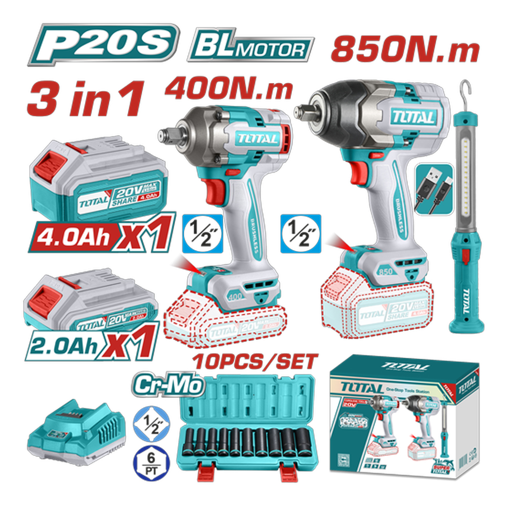 COMBO INALAMBRICO 20V PISTOLA IMPACTO INALAMBRICO 1/2 850 NM + PISTOLA IMPACTO INALAMBRICA 1/2 400 NM + LAMPARA DE TRABAJO 300 LUMENES RECARGABLE + 10 COPAS 1/2 (10-24MM) + 1 BATERIA 4.0 AH + 1 BATERIA 2.0 AH Y CARGADOR INDUSTRIAL SUPER TOTAL (UTOSLI241195)