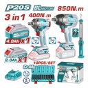 COMBO INALAMBRICO 20V PISTOLA IMPACTO INALAMBRICO 1/2 850 NM + PISTOLA IMPACTO INALAMBRICA 1/2 400 NM + LAMPARA DE TRABAJO 300 LUMENES RECARGABLE + 10 COPAS 1/2 (10-24MM) + 1 BATERIA 4.0 AH + 1 BATERIA 2.0 AH Y CARGADOR INDUSTRIAL SUPER TOTAL (UTOSLI241195)