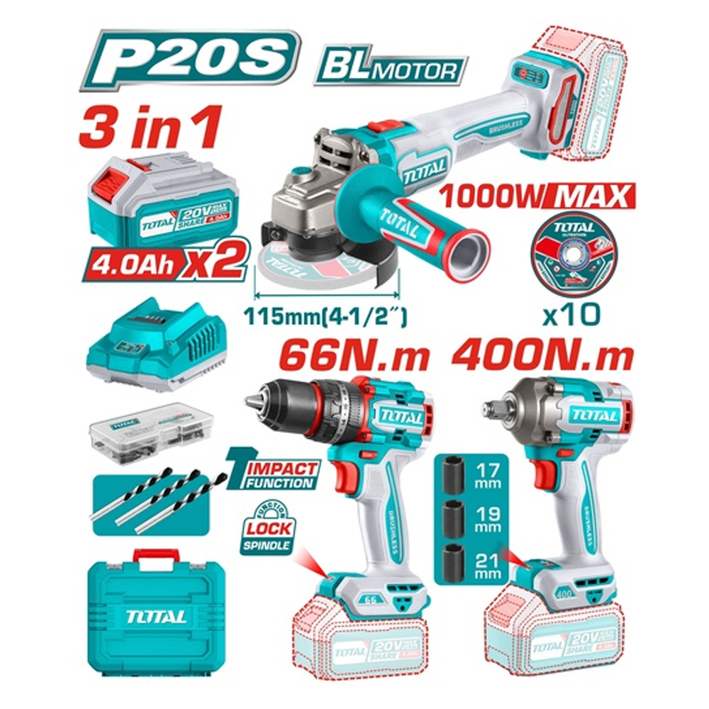 COMBO INALAMBRICO 20V TALADRO 1/2"  66 NM + PULIDORA 4 1/2" 1000W + PISTOLA IMPACTO  1/2 400 NM INCLUYE 2 BATERIA 20V(4.0AH),CARGADOR , 10 DISCOS DE CORTE Y ACCESORIOS INDUSTRIAL TOTAL (UTOSLI241291)