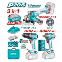 COMBO INALAMBRICO 20V TALADRO 1/2"  66 NM + PULIDORA 4 1/2" 1000W + PISTOLA IMPACTO  1/2 400 NM INCLUYE 2 BATERIA 20V(4.0AH),CARGADOR , 10 DISCOS DE CORTE Y ACCESORIOS INDUSTRIAL TOTAL (UTOSLI241291)