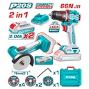 COMBO INALAMBRICO 20V X 2 PZS TALADRO 1/2  66 N.M + MINI PULIDORA 3" INCLUYE 2 BATERIAS  2.0 AH + CARGADOR  + 7 DISCOS Y 47 ACCESORIOS INDUSTRIAL SUPER TOTAL (UTCKLI20766) 