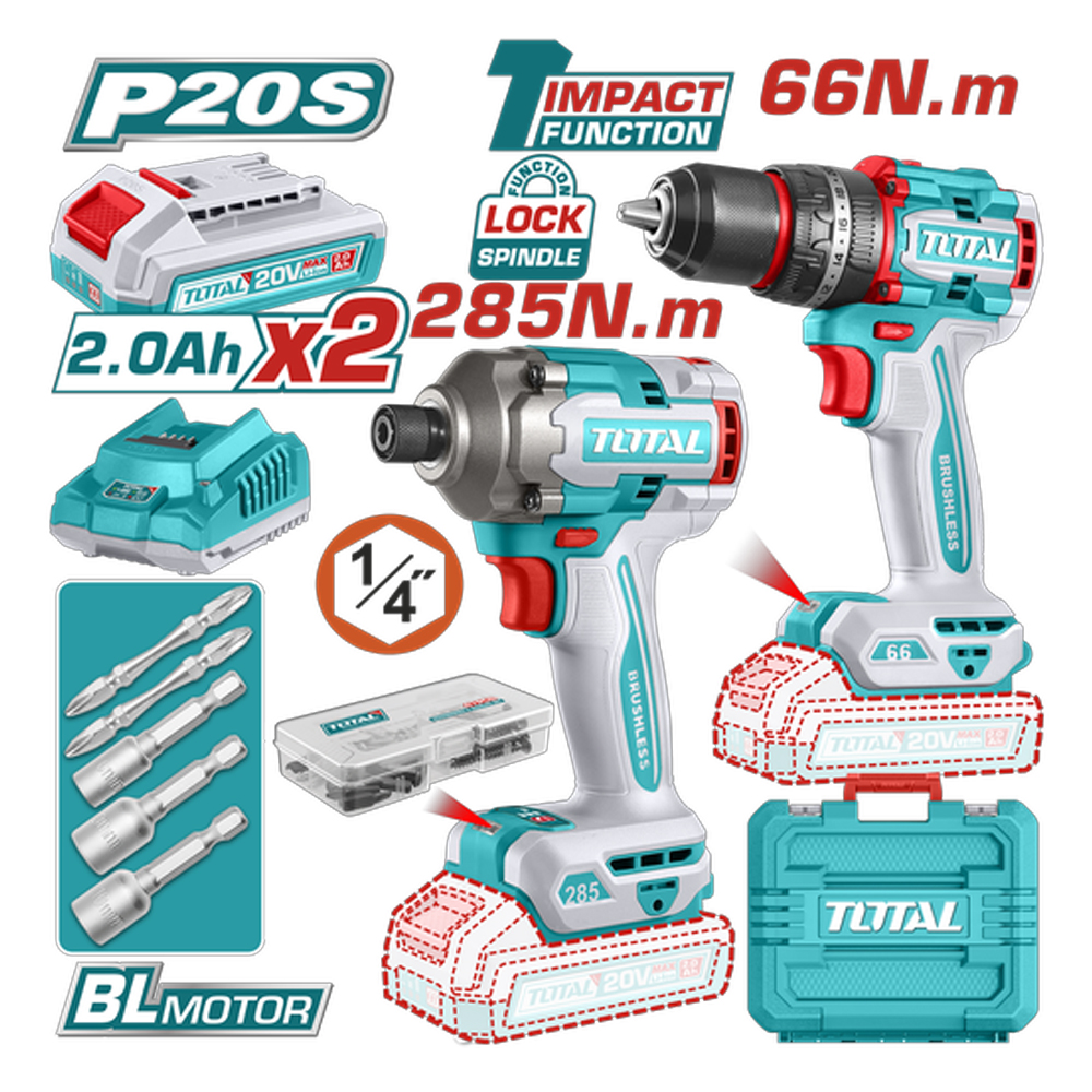 COMBO INALAMBRICO TALADRO 1/2" 66 N.M + ATORNILLADOR DE IMPACTO 1/4" 20V 285 N.M INCLUYE 2 BATERIA 2.0AH , 1 CARGADOR Y ACCESORIOS INDUSTRIAL SUPER TOTAL (UTCKLI20277)