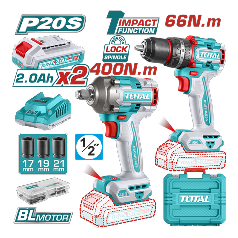 COMBO INALAMBRICO TALADRO 1/2" 66 N.M + PISTOLA IMPACTO 1/2" 20V 400 N.M  INCLUYE 2 BATERIA 2.0AH , 1 CARGADOR Y ACCESORIOS SUPER TOTAL (UTCKLI20275)