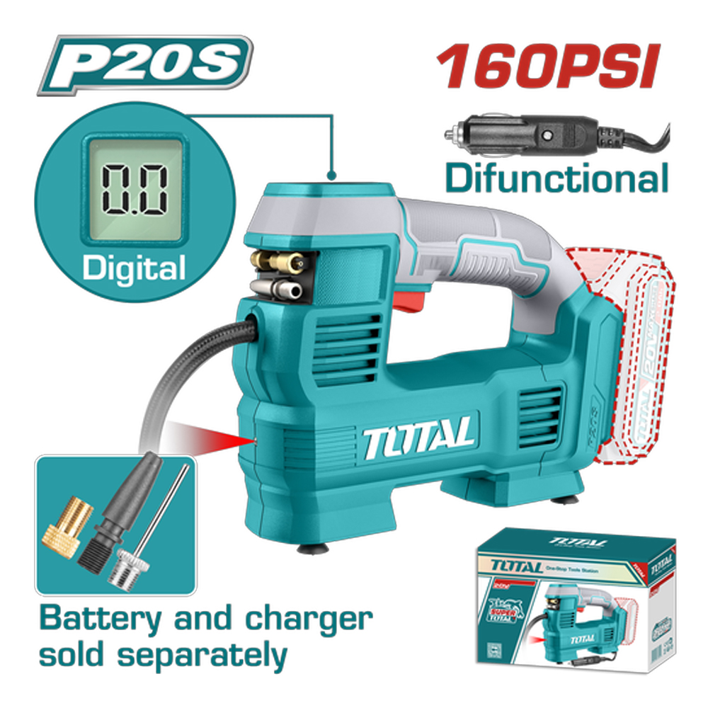 COMPRESOR MINI INALAMBRICO DIGITAL  20V 160PSI AUTOMATICO PARA CARRO BATERIA Y CARGADOR NO INCLUIDO TOTAL (TACLI2012)