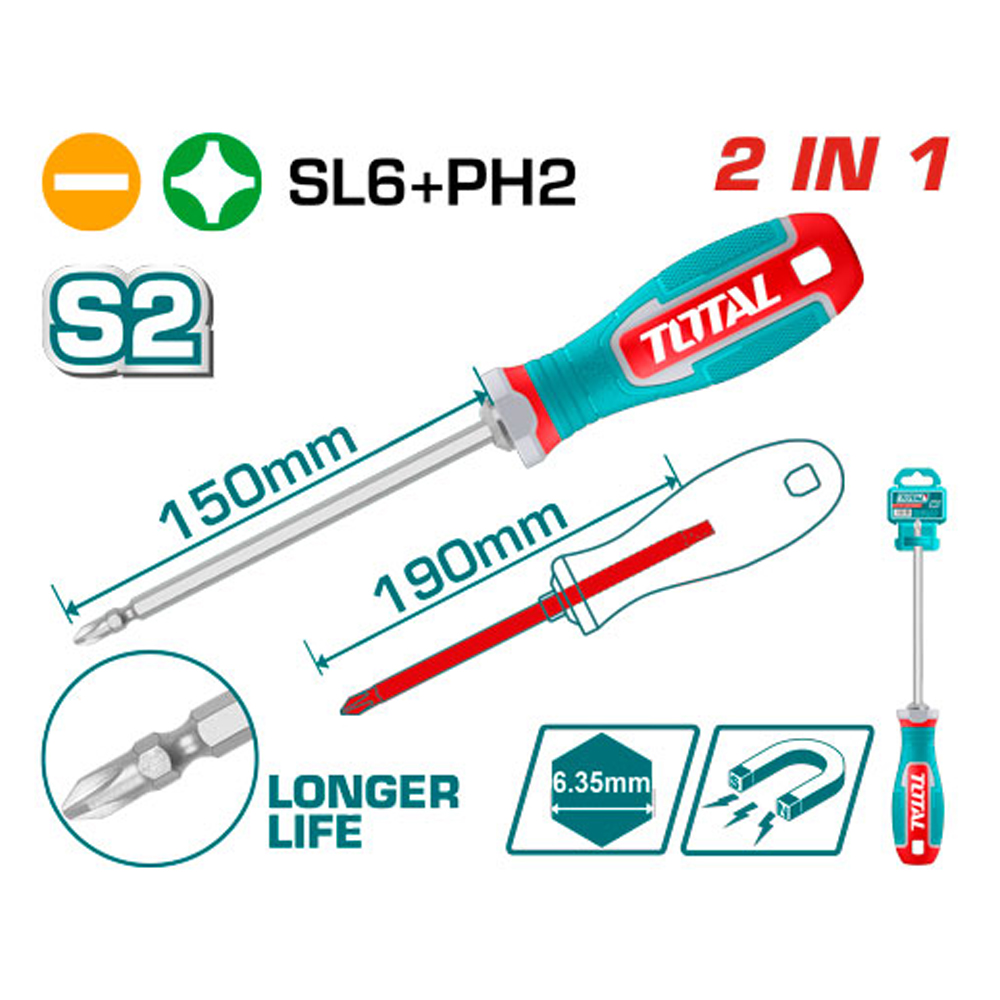 DESTORNILLADOR DOBLE PUNTA IMANTADA 2 EN 1 TOTAL (THT250266)