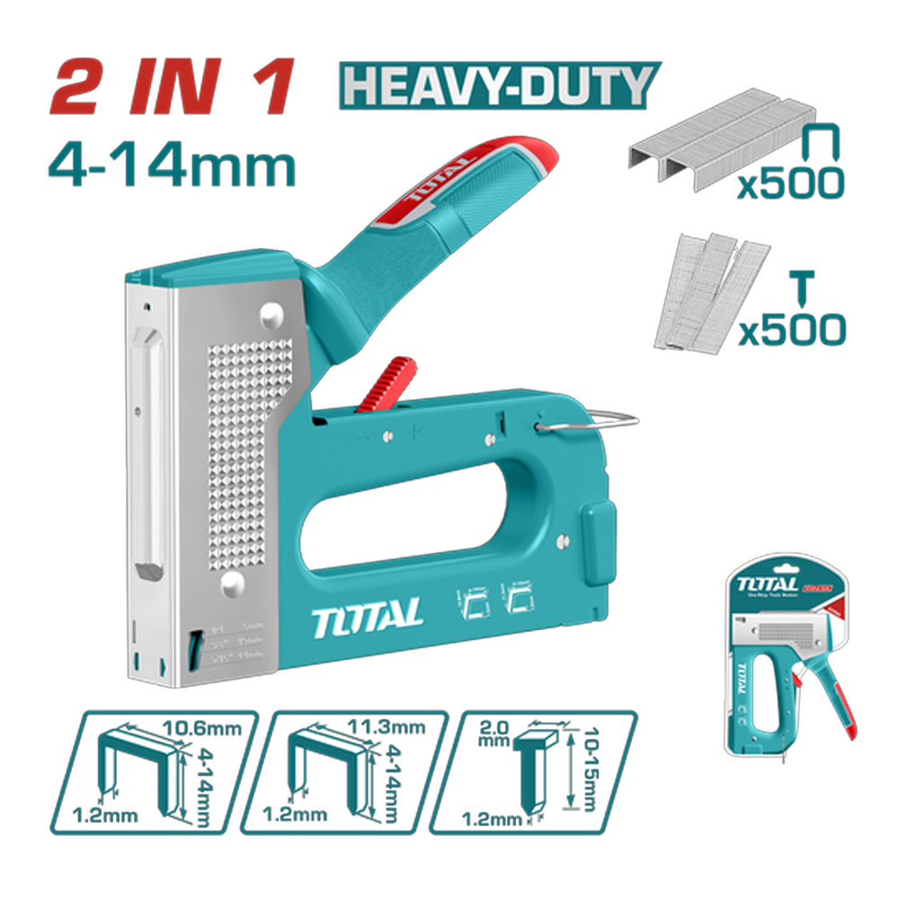 GRAPADORA 2 EN 1  (4 - 14 MM) INCLUYE 500 GRAPAS Y 500 CLAVOS  INDUSTRIAL TOTAL (THT31148)