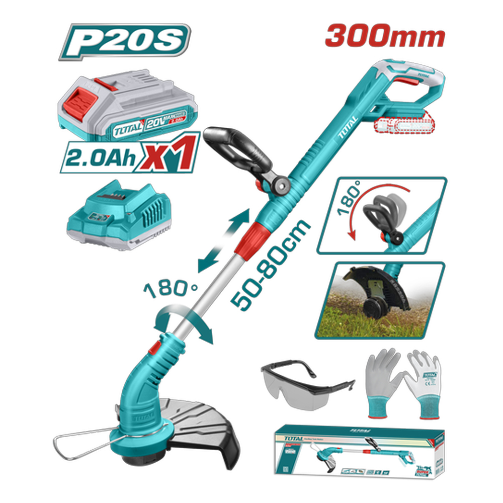 GUADAÑADORA INALAMBRICA EXPANDIBLE 20V INCLUYE 1 BATERIA 2.0AH, CARGADOR Y ACCESORIOS TOTAL (UTGTLI20301)