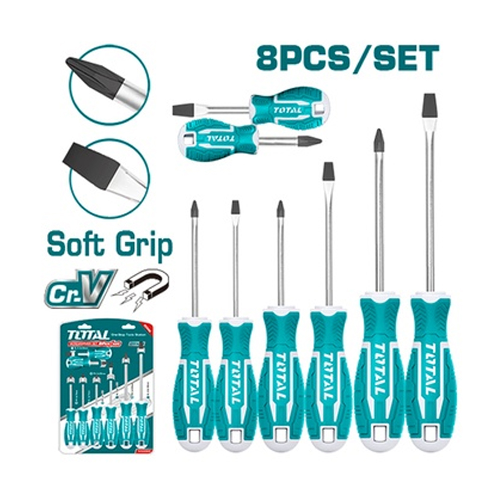 JUEGO DESTORNILLADORES X 8PCS CROMO VANADIUM PUNTA IMANTADA TOTAL (THT250608)