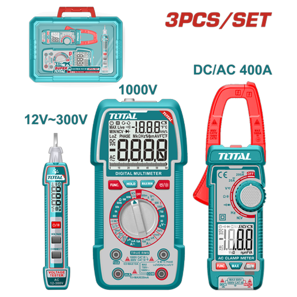 KIT MEDIDOR DE CORRIENTE DIGITAL INCLUYE PROBADOR - TESTER - PINZA SUPER  TOTAL (TOS24067)