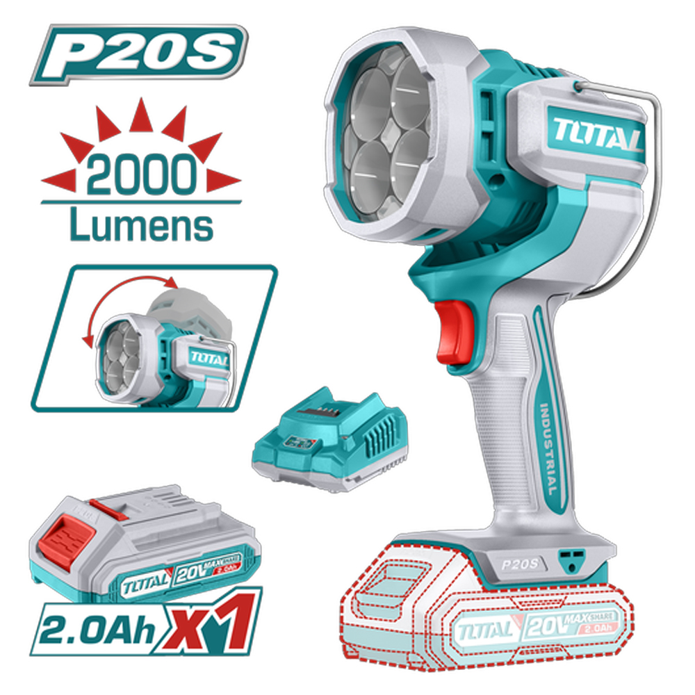 LAMPARA DE TRABAJO INALAMBRICA 2000 LUMENES 20V INCLUYE BATERIA 2,0AH  Y CARGADOR INDUSTRIAL SUPER TOTAL (UTWLI20881)