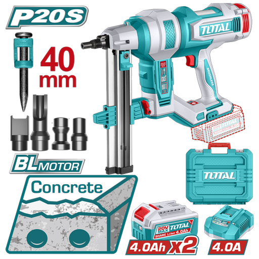 CLAVADORA INALAMBRICA CONCRETO 40MM 20V INCLUYE 2  BATERIAS 4.0AH , CARGADOR Y ACCESORIOS  INDUSTRIAL SUPER  TOTAL (UTCNLI9008)