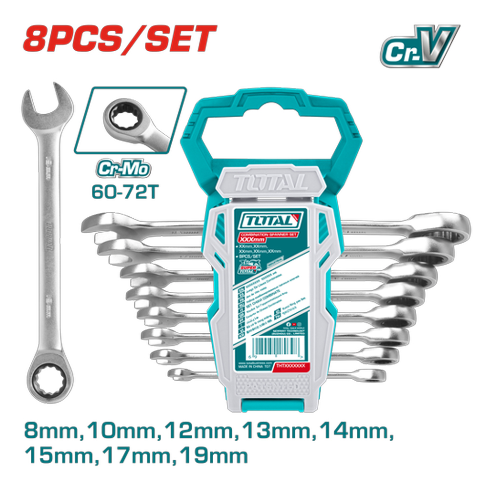 LLAVE MIXTA CON RACHE 8 - 19 MM JUEGO X 8 PZS SUPER SELECT TOTAL (THT102RK086)