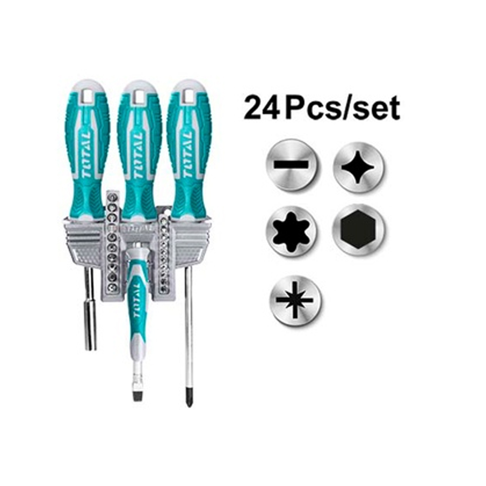 JUEGO DE DESTORNILLADORES X 24 PZS ( INCLUIDO PUNTAS) TOTAL (TACSD302462)