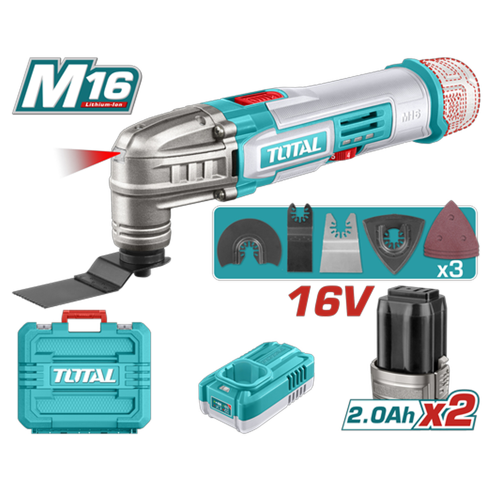 MULTIHERRAMIENTA INALAMBRICA OSCILANTE 16V + 2 BATERIAS 2.0 AH + CARGADOR  Y ACCESORIOS INDUSTRIAL SUPER TOTAL (UTMLI16222)