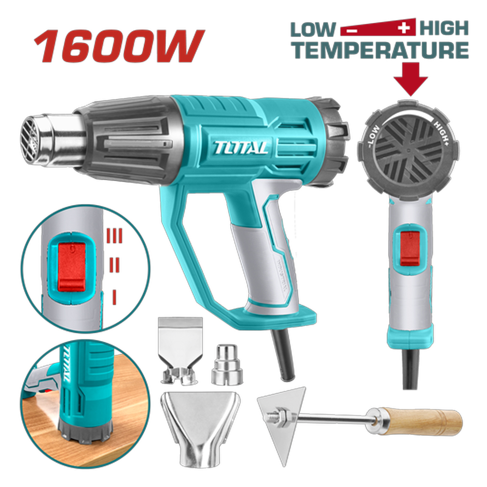 PISTOLA CALOR CON TEMPERATURA AJUSTABLE 1600W INCLUYE 3 BOQUILLAS Y 1 RASCADOR INDUSTRIAL TOTAL (UTB16045)