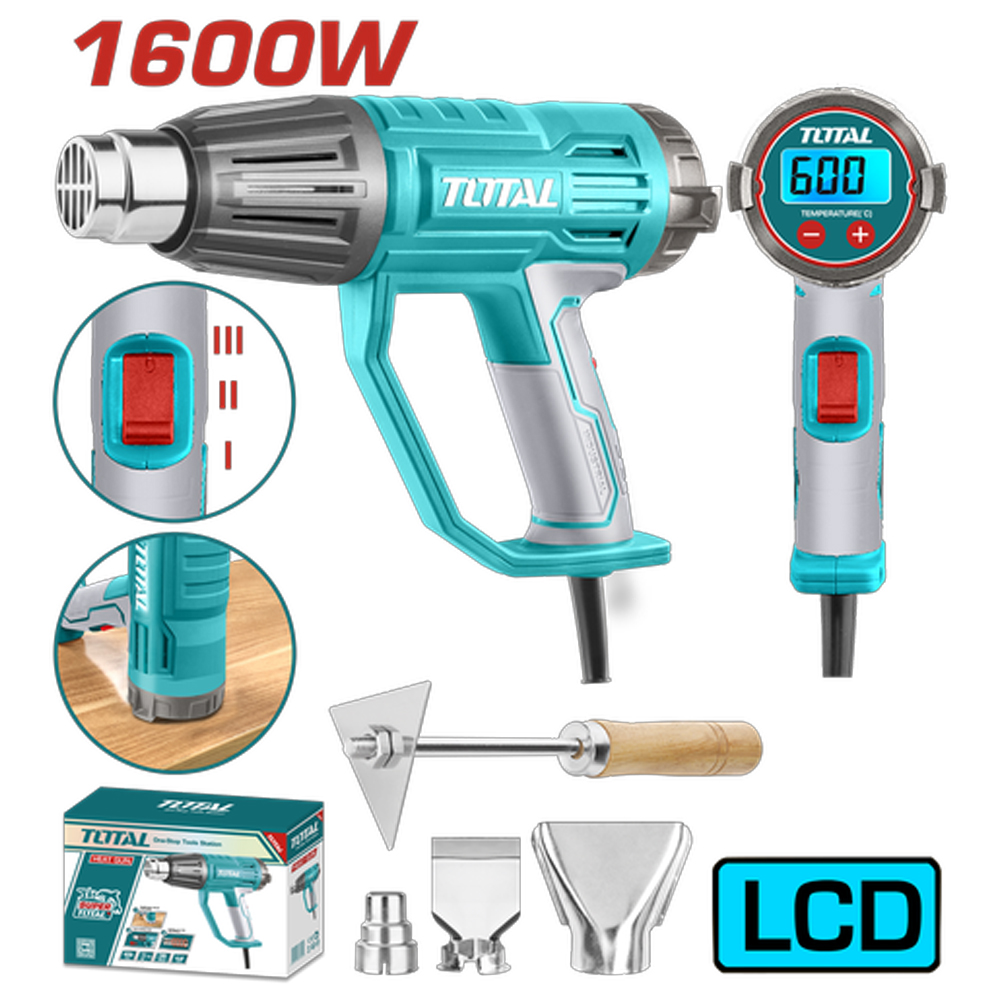 PISTOLA CALOR CON TEMPERATURA AJUSTABLE PANTALLA LCD 1600W  INCLUYE 3 BOQUILLAS Y 1 RASCADOR  INDUSTRIAL TOTAL (UTB16056)