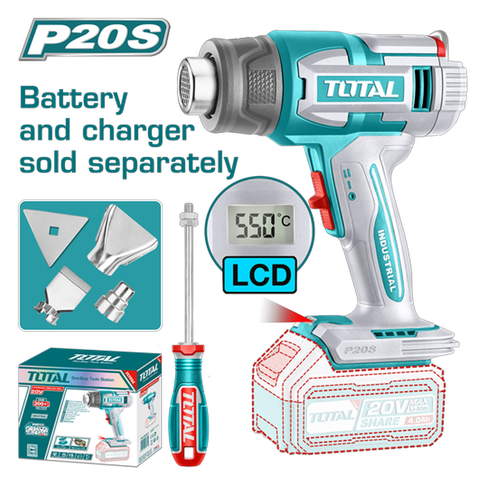 PISTOLA CALOR INALAMBRICA  20V CON TEMPERATURA AJUSTABLE PANTALLA LCD INCLUYE 4 BOQUILLAS 1 RASCADOR, BATERIA  Y CARGADOR  NO INCLUIDO INDUSTRIAL SUPER TOTAL (TBLI2003)