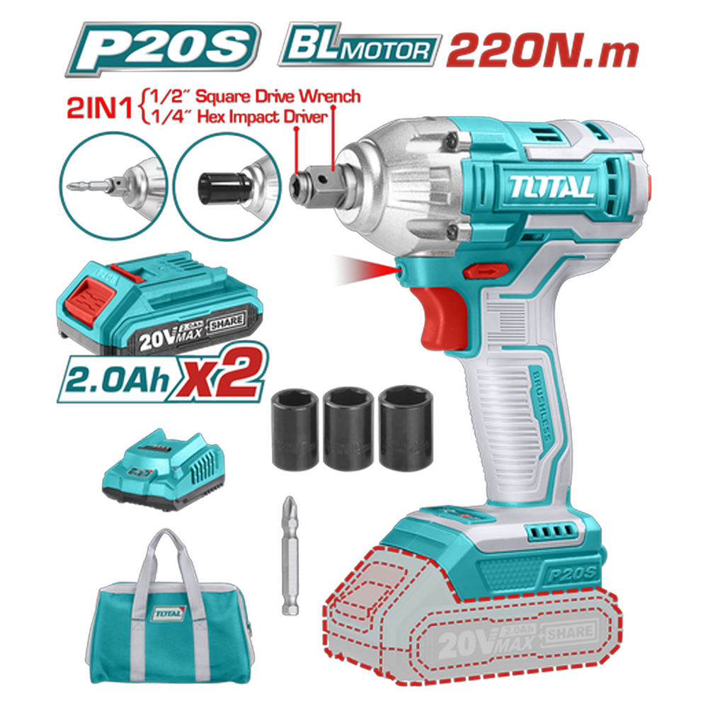 PISTOLA IMPACTO INALAMBRICA 1/2 20V 230 NM INCLUYE 2 BATERIAS 1 CARGADOR COPAS DE 171921 Y PUNTA DESTORNILLADOR TOTAL(UTIWLI20236)