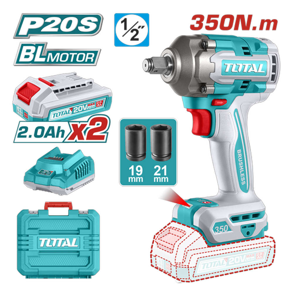 PISTOLA IMPACTO INALAMBRICA 1/2 20V 350 NM INCLUYE 2 BATERIAS 1 CARGADOR Y 2 COPAS ,19,21 MM INDUSTRIAL SUPER TOTAL (UTIWLI2035)